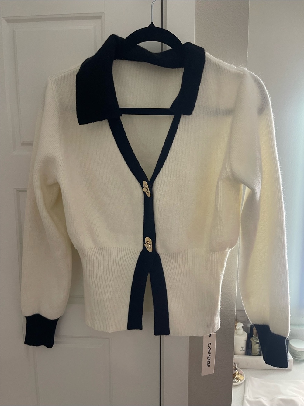 Commense Ivory Cardigan with Black Trim and Collar